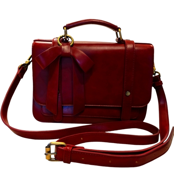 Ecosusi Vegan Leather handbag with shoulder strap and detachable bow detail Red - Picture 2 of 7